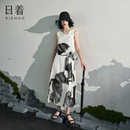 日著尋v領(lǐng)無袖系帶連衣裙2025夏季新款不對(duì)稱原創(chuàng)印花氣質(zhì)長(zhǎng)裙女 靜影白 L