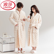 浪莎（LangSha）睡袍睡衣女冬季加厚法蘭絨浴袍春秋加絨加長(cháng)款男士情侶珊瑚絨浴衣 提花睡袍方格米色 2XL 女款號 建議140-160斤