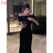 FSHE法式御姐風黑色連衣裙女一字肩夏款2025新款風情萬種修身包臀長裙 黑色長裙 XL