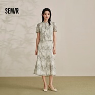 森馬觀(guān)園吉聯(lián)名連衣裙女短款上衣開(kāi)叉長(cháng)裙兩件套24夏新中式裙子 綠色調00444 XS