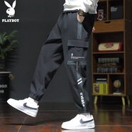 花花公子（PLAYBOY）工裝褲男春夏季褲子男士休閑褲寬松束腳潮流長褲 黑色 4XL