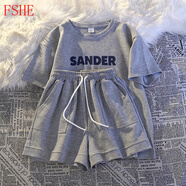 FSHE秋季短袖短褲套裝女寬松顯瘦顯白舒適休閑運動(dòng)服套裝兩件套外穿潮 灰色 XL 【建議125-140斤】