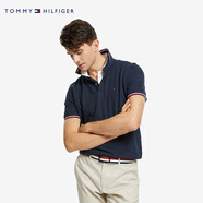 TOMMY HILFIGER夏季男裝休閑珠地棉網(wǎng)眼條紋鑲邊翻領(lǐng)短袖T恤POLO衫 藏青色416 XL 推薦：160/180斤