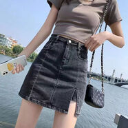 力彈力牛仔半身褲裙女2024夏新款小個(gè)子高腰短裙子a字開(kāi)叉包臀裙ins 黑灰色【彈力帶內襯】 XS