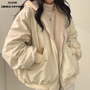 清池影（QINGCHIYING）韓國加絨加厚兩面穿羊羔毛棉服女裝外套冬季新款拉鏈連帽棉上衣寬 杏色（加厚兩面穿） L 建議110-125斤