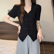 冠貿(mào)裴2025夏季新款短袖恤女大碼胖妹妹中式復(fù)古盤扣領(lǐng)泡泡袖上衣女蕓郝 黑色 L 建議106-120斤