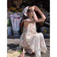 爾山集甜美碎花吊帶連衣裙度假風(fēng)套裝女疊穿蕾絲網(wǎng)紗罩衫森系田園風(fēng)長(zhǎng)裙 碎花裙+罩衫裙【S】100斤以下