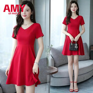愛(ài)麥依赫本風(fēng)小紅裙2024夏秋季新款韓版顯瘦V領(lǐng)名緩氣質(zhì)短袖大碼連衣裙 紅色 2XL 125-135斤
