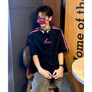 阿瑪瑟100%純棉vibe美式高街字母印花綠色拉條杠短袖男夏季時(shí)尚百搭T恤 230克三桿玫紅條 2XL 建議140-160斤