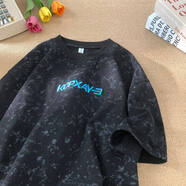 胖胖到家臟臟扎染短袖t恤男生夏季字母刺繡設(shè)計(jì)感情侶潮牌寬松五分袖體恤 黑色 M