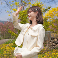 HUALIN FASHION小香風短外套女2025春裝韓版花邊翻領淑女薄夾克氣質百搭上衣 淺杏外套-單件 L