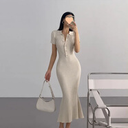 XCFREHT夏歐美式魚(yú)尾連衣裙女御姐長(cháng)款修身緊身小個(gè)子短袖 杏色【版】 S