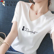 啄木鳥白色純棉短袖V領(lǐng)t恤女2025新款夏季歐美潮牌正肩女裝上衣服ins潮 A40(黑貓字母) 2XL 141-155斤