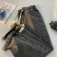 A21以純方艦店旗黑灰色闊腿牛仔褲男女春夏季新款美式復古寬松直 XX繩黑灰色x8/8-【高品質(zhì)】 M 建議【90-105斤】