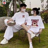 AEMAPE情侶裝衣服一女一男情侶款夏情侶裝夏季潮流t恤短袖高級感網(wǎng)紅 [短袖]SW粉紅熊 男白+女白 男S+女S（S碼建議80-95斤 男女同碼）