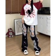 濮水方方黑色高街破洞牛仔褲女夏季寬松拖地潮 黑色 S
