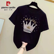 皮爾卡丹（pierre cardin）重工純棉釘珠短袖t恤女夏季新款洋氣設(shè)計(jì)感圓領(lǐng)寬松上衣潮ins 【黑色】 S 【建議100斤以下】