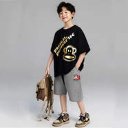 大嘴猴（paul frank）童裝夏季套裝2025新款男女童休閑短袖短褲中大童運動時尚兩件套 黑金+灰色 110