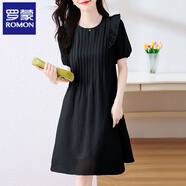 羅蒙（ROMON）夏季新款加肥加大女裝胖mm減齡喬其紗短袖圓領(lǐng)純色顯瘦洋氣連衣裙 黑色別致/休閑寬松/修身/復(fù)古/通 2XL 建議140-160斤