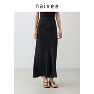 納薇（naivee）【100%醋酸】商場(chǎng)同款25夏流光中長(zhǎng)半身裙松緊腰 黑色 S
