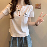 以純 YISHION設(shè)計感v領(lǐng)正肩短袖t恤女夏裝2025新款寬松韓版大碼顯瘦遮肚子上衣 白色【純棉】 L 適合111-130斤