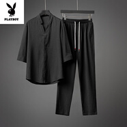 花花公子（PLAYBOY）中國風(fēng)男裝夏季復(fù)古風(fēng)冰絲T恤短袖男士套裝上衣V領(lǐng)中式漢服七分袖 TZ201黑色(兩件套) M 100-120斤