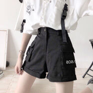 TNWKJLC適合高中大學(xué)生微胖女生穿的衣服帥氣BF風(fēng)炸街工裝套裝女潮夏減齡 黑色褲子 S 【建議90斤內(nèi)】