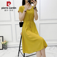 皮爾卡丹（pierre cardin）有口袋小個(gè)子純色棉綢連衣裙夏季時(shí)尚外穿大碼顯瘦中長(cháng)款沙灘裙 黃色 有口袋 M 建議85-95