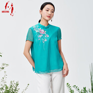 天意TANGY/天意2024春夏新款商場(chǎng)同款民族風(fēng)復古繡花休閑T恤女W242016 天藍色7406色 L
