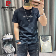 皮爾卡丹（pierre cardin）棉麻短袖恤男2025夏季新款高端歐貨男裝印花修身半袖體恤衫上衣 黑色 L