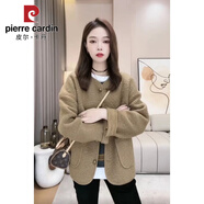 皮爾卡丹（pierre cardin）小香風(fēng)粗花呢外套女2025春秋新款小個(gè)子休閑夾克寬松皮毛一體上衣 芥末綠 M