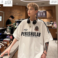 吳權灣美式復古棒球服機車(chē)短袖t恤男夏季歐美潮牌三條杠賽車(chē)服kpop穿搭 白色 M