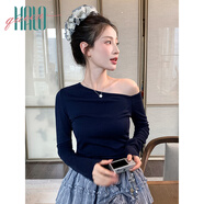 Halo Queen長(cháng)袖T恤女斜肩性感純欲露肩收腰顯瘦內搭百搭上衣H51T042