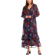 Mud Pie 女士長(cháng)款連衣裙 碎花雪紡 荷葉袖 飄逸優(yōu)雅 成人款 花卉色 Small