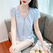 法詩慕2025夏季新款時尚洋氣V領(lǐng)短袖襯衫女設(shè)計感小眾顯瘦短款抽繩上衣 藍(lán)色 M