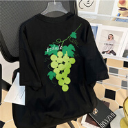 蘇愚100%純棉藏青短袖t恤男女夏季爆款葡萄設(shè)計感印花高級情侶上衣潮 220克-黑 S 建議85-95斤