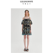 LULUALWAYS【商場(chǎng)同款】25夏季新款個(gè)性露肩泡泡袖復古提花連衣裙 黑色 M