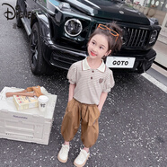 迪士尼（Disney）女寶寶夏裝套裝洋氣兒童衣服小孩兩件套2三3到4五6歲女童夏季短袖 卡其色【短袖套裝】 120 cm