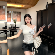 法式優(yōu)雅波點(diǎn)蝴蝶結(jié)斜肩T恤女春夏辣妹設(shè)計(jì)感修身小眾甜美上衣 白色 S