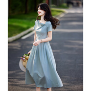尚靜連衣裙女夏季新款女裝法式優(yōu)雅氣質(zhì)收腰顯瘦中長款短袖茶歇裙子女