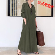 【特價(jià)】出口原單歐美高端剪標女裝棉麻連衣裙長(cháng)款開(kāi)衫拖地長(cháng)裙子 軍綠色 XL【建議120-135斤】