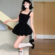 茯見(jiàn)秋冬皮衣內搭芭蕾風(fēng)收腰吊帶連衣裙女2025新款法式搭靴子短裙女 黑色 S