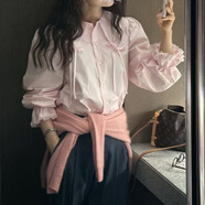 COLORFUL GEMS韓國春季甜美氣質(zhì)別致翻領(lǐng)蝴蝶結寬松拼接蕾絲花邊襯衫女2025 白襯衫 M