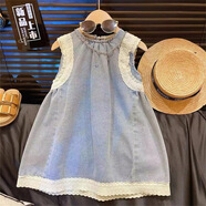 S.SOFEA韓版女童連衣裙夏季牛仔公主裙 藍(lán)色蕾絲邊牛仔裙 M 吊牌100適合100c