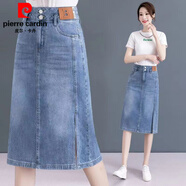皮爾卡丹牛仔半身裙女2025夏季新款高腰a字短裙顯瘦薄款中長(zhǎng)開叉包臀裙子 淺藍(lán)色 E區(qū)7315 L 105斤-115斤