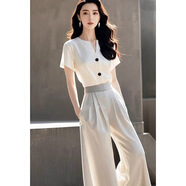 妃莉杋（FeiLiFan）休閑褲女裝套裝2025年夏季新款法式小香風(fēng)白色襯衫灰色褲子兩件裝 白色襯衫+灰色褲子 M