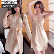 莫代爾品牌冰絲睡衣女夏性感吊帶短袖兩件套睡裙春秋薄款睡袍家居服套裝 SYG-2052蕾絲兩件套香檳色 L