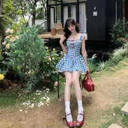 茱艾爾越韓小魚愛神降臨法式復(fù)古藍色格子小飛袖連衣裙感蓬蓬裙女 連衣裙 XL _115-125