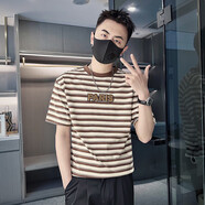 L利郎旗下夏季短袖恤男2025新款圓領(lǐng)條紋男裝衣服潮牌半截袖體恤上 卡其色 M