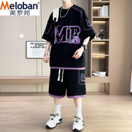 美羅邦（Meloban）夏季新款休閑運動(dòng)套裝男士港風(fēng)潮牌短袖短褲t恤寬松百搭兩件套潮 K31黑紫色 3XL 參考160-175斤左右